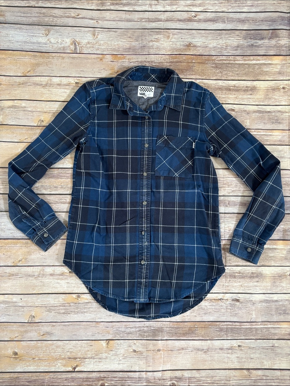 Vans Women’s Navy and Black Plaid Button-Down Shirt, Small